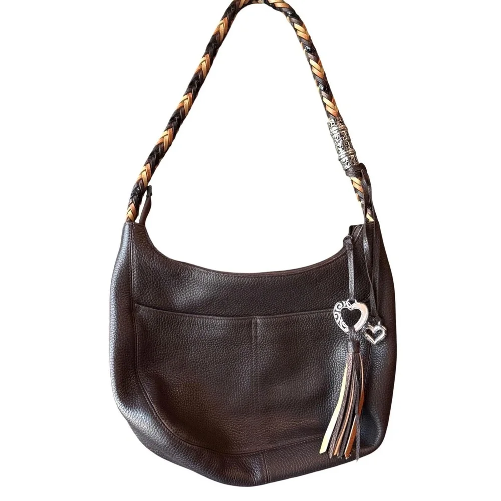 Brighton Brown Pebbled Leather Braided Strap Hobo Shoulder Bag